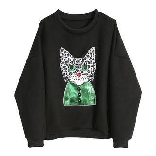Cat Embroidered Sweatshirt Black - One Size