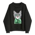 Cat Embroidered Sweatshirt Black - One Size