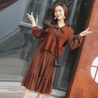 Set: Plaid Long-sleeve Tie-neck Dress + Knit Vest