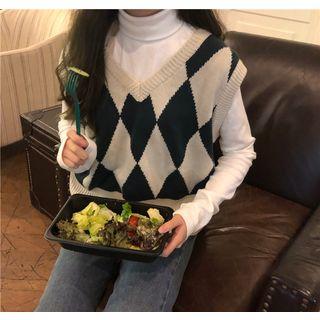Check Knit Vest / Plain Turtle-neck Long-sleeve Slim-fit Top