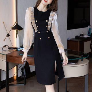 Long-sleeve Ruffled Two-tone Sheath Dress