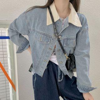 Long-sleeve Pocket-detail Cropped Denim Jacket