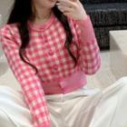 Long-sleeve Plaid Knit Sweater Pink - One Size