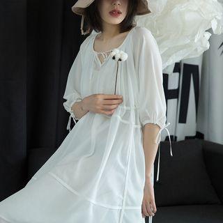 Drawstring Elbow-sleeve Chiffon Dress