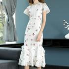 Cherry Print Short-sleeve Sheath Lace Dress