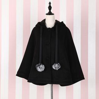 Hooded Pompom-accent Cape Jacket