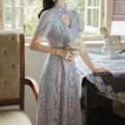 Short-sleeve Keyhole Midi A-line Lace Dress
