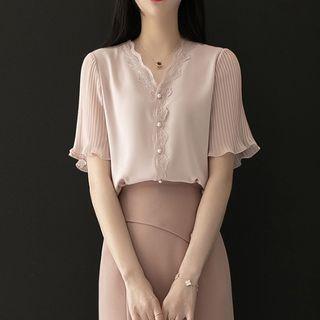 Bell-sleeve V-neck Lace Panel Button-up Blouse