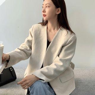 Collarless Wool Blend Blazer With Sash