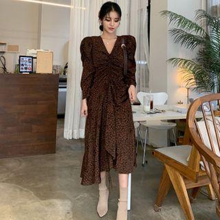Leopard Print Long-sleeve Midi Shift Dress As Shown In Figure - One Size