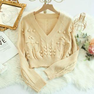 V-neck Pom Pom Detail Sweater
