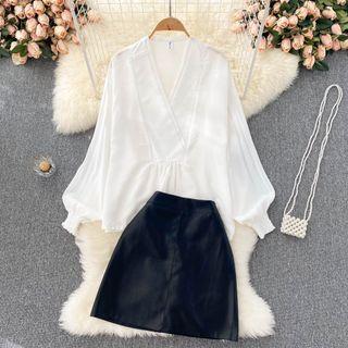Set Of 2 : V-neck Puff-sleeve Shirt + High-waist Faux Leather A-line Skirt