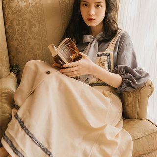 Set: Puff-sleeve Tie-neck Blouse + Lace Trim Angel Print Midi Overall Dress