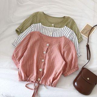 Striped Crewneck Drawcord Short-sleeve Top