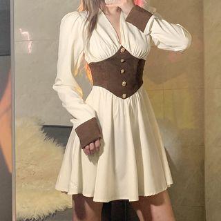 Long Sleeve V-neck Corset A-line Dress