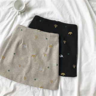 Embroidered Mini A-line Wool Skirt