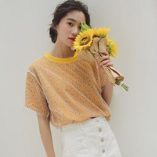 Mesh Panel Floral Print Short-sleeve T-shirt