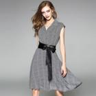 Sleeveless Striped A-line Dress With Belt