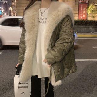 Fluffy Trim Quilted Coat Khaki Green - One Size