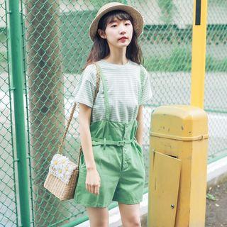Set: Short-sleeve Striped T-shirt + Suspender Shorts