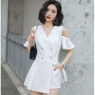 Set: Short-sleeve Double Breasted Striped Cold-shoulder Top + Shorts