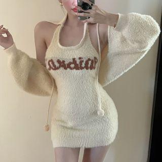 Open Front Cropped Cardigan / Halter-neck Lettering Knit Mini Sheath Dress / Cropped Halter Top