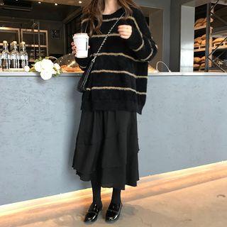 Striped Long-sleeve Loose-fit Sweater As Figure - One Size