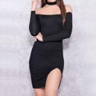 Ribbed Off-shoulder Slit Bodycon Dress With Choker