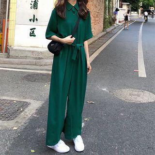 Plain Short-sleeve Wide-leg Jumpsuit