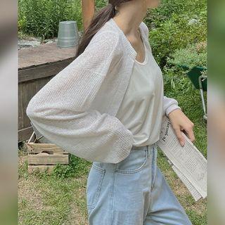 Bishop-sleeve Ribbed Bolero