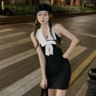 Halter-neck Collared Bow Knit Mini Bodycon Dress Black - One Size