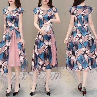Short-sleeve Print Chiffon Panel A-line Dress