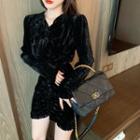 Long-sleeve Ruffled Velvet Mini Sheath Dress Black - One Size