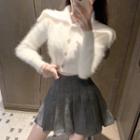 Set: Plain Furry-knit Cropped Top + Pleated Skirt