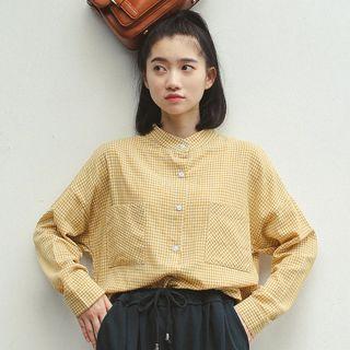 Stand Collar Gingham Long-sleeve Shirt