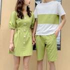 Short-sleeve Button-up Mini A-line Dress / Short-sleeve T-shirt / Shorts / Set