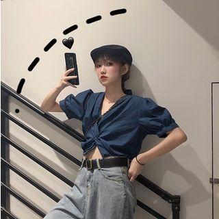 Short-sleeve Twisted Top Blue - One Size