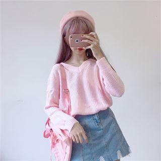 Long-sleeve V-neck Plain Sweater