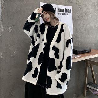 Cow Patterned V-neck Knit Cardigan As Shown In Figure - One Size