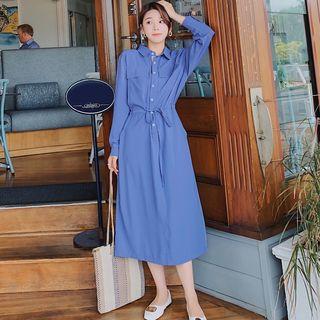 Long-sleeve Drawstring-waist Midi Shirt Dress
