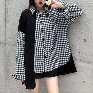 Plaid Panel Dip Back Shirt As Shown In Figure - One Size