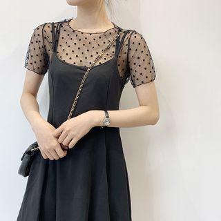 Short-sleeve Polka Dot Mesh T-shirt / Spaghetti Strap A-line Dress