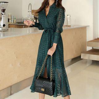 Long-sleeve Lace Overlay Midi A-line Dress