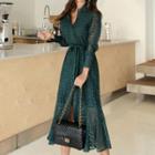 Long-sleeve Lace Overlay Midi A-line Dress