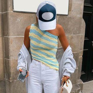 Single Shoulder Striped Knit Top
