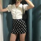 Short-sleeve Shirt / Mini Dotted Sheath Skirt
