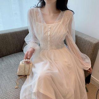 V-neck Mesh Midi Dress With Slipdress