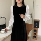 Bell-sleeve Color Block Plain Dress Black - One Size