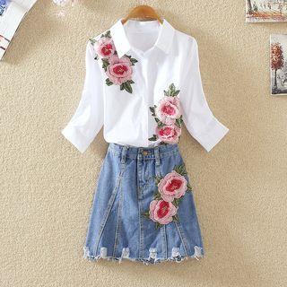 Set: Floral Embroidered Shirt + Distressed Denim Skirt