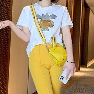 Set: Short-sleeve Sequin T-shirt + Boot Cut Pants